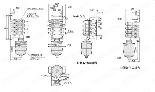5ポートソレノイドバルブ パイロット形 プラグインタイプ・ノンプラグインタイプ VFS5000シリーズ エキゾーストクリーナ用マニホールド 外形図2