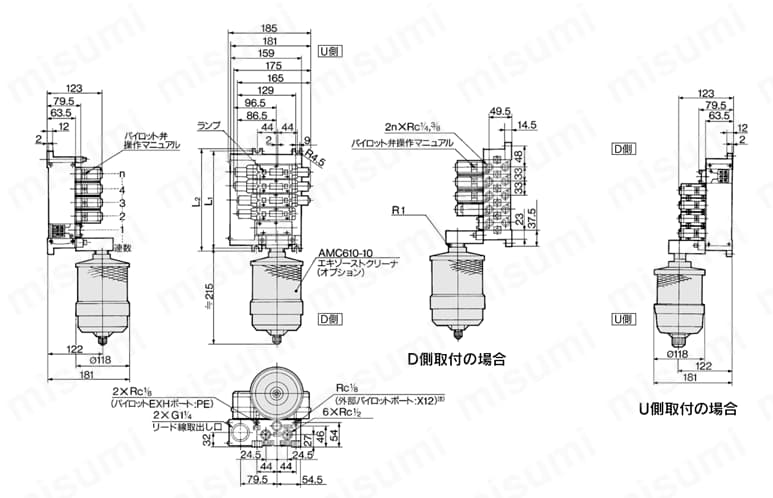 5ポートソレノイドバルブ パイロット形 プラグインタイプ・ノンプラグインタイプ VFS3000シリーズ エキゾーストクリーナ用マニホールド 外形図1