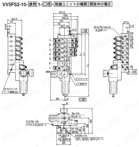 5ポートソレノイドバルブ パイロット形 プラグインタイプ・ノンプラグインタイプ VFS2000シリーズ 制御ユニット付マニホールド ノンプラグインタイプ外形図
