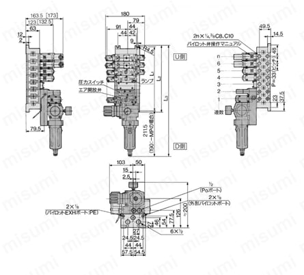 5ポートソレノイドバルブ パイロット形 プラグインタイプ・ノンプラグインタイプ VFR3000シリーズ 制御ユニット付マニホールド 外形図