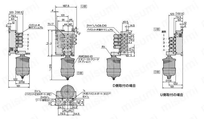 5ポートソレノイドバルブ パイロット形 プラグインタイプ・ノンプラグインタイプ VFR3000シリーズ エキゾーストクリーナ用マニホールド 外形図