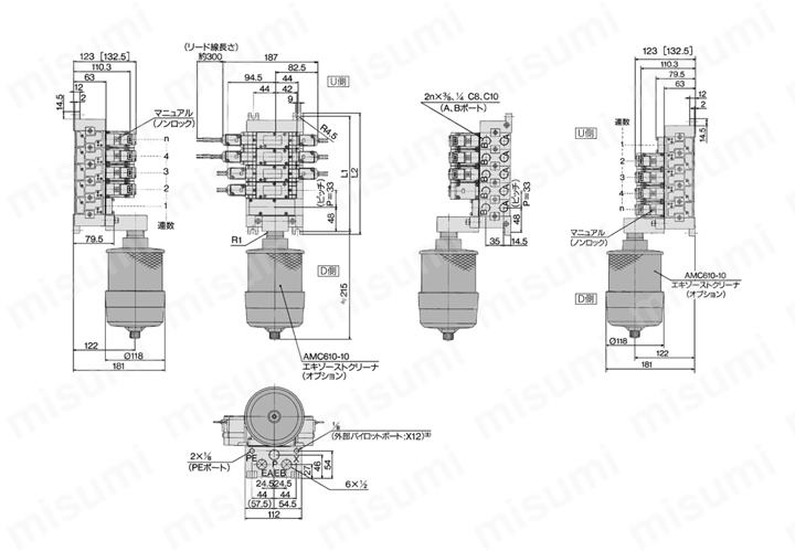 5ポートソレノイドバルブ パイロット形 プラグインタイプ・ノンプラグインタイプ VFR3000シリーズ エキゾーストクリーナ用マニホールド 外形図3