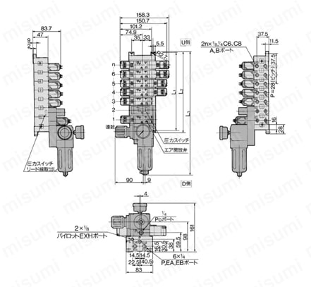 5ポートソレノイドバルブ パイロット形 プラグインタイプ・ノンプラグインタイプ VFR2000シリーズ 制御ユニット付マニホールド 外形図2