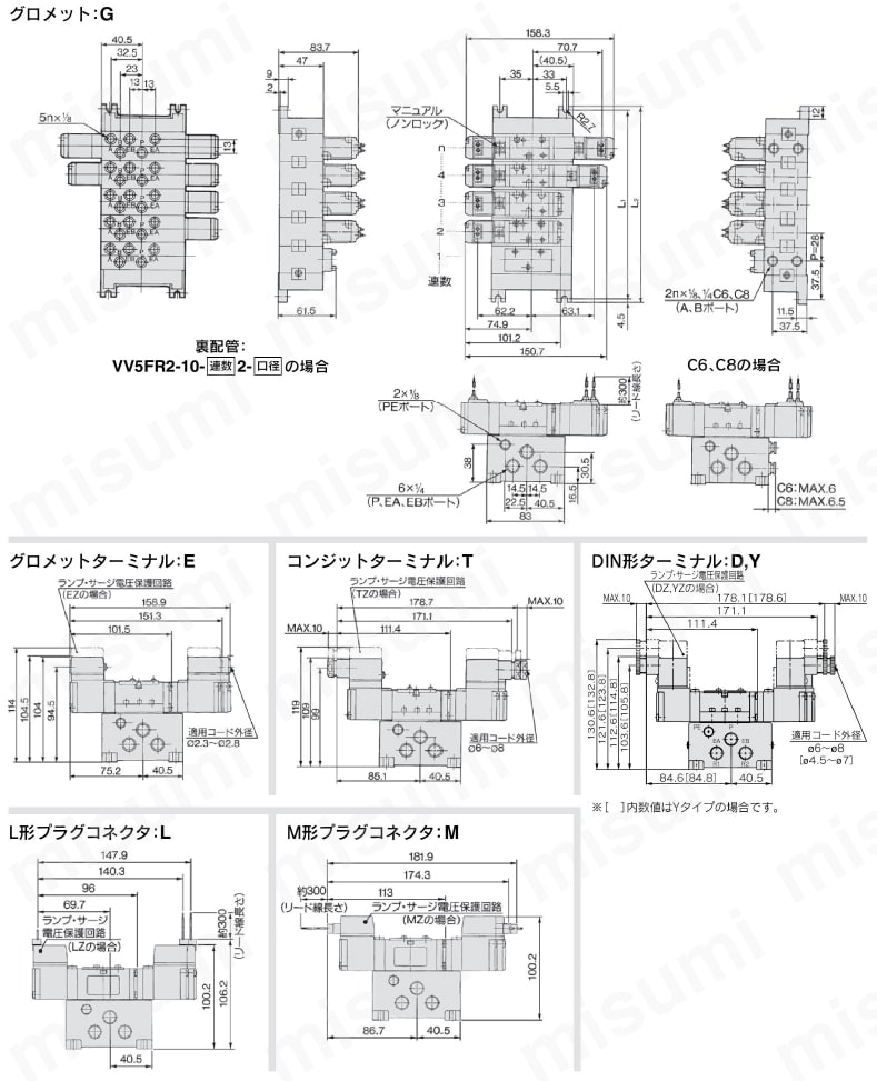 5ポートソレノイドバルブ パイロット形 プラグインタイプ・ノンプラグインタイプ VFR2000シリーズ マニホールド ノンプラグインタイプ:VV5FR2-10-連数1-口径外形図