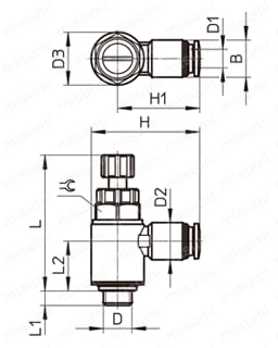 ワンタッチコネクタ付スピードコントローラ エルボタイプ／メータアウト GRLAシリーズ 外形図2