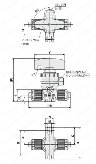 薬液用バルブ外部ノンメタル 手動タイプ インサートブッシュ式継手一体型 ハイパーフィッティング LVQHシリーズ 外形図1