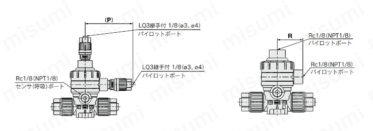 薬液用バルブ外部ノンメタル エアオペレートタイプ フレア式継手一体型 ハイパーフィッティング LVQ-Zシリーズ 外形図3