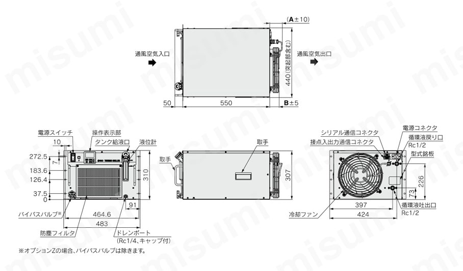 循環液温調装置 サーモチラー ラックマウントタイプ 単相AC100/115V・AC200～230V HRRシリーズ 外形図1