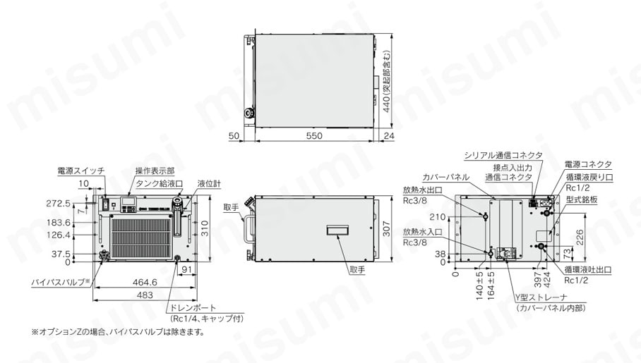 循環液温調装置 サーモチラー ラックマウントタイプ 単相AC100/115V・AC200～230V HRRシリーズ 外形図2