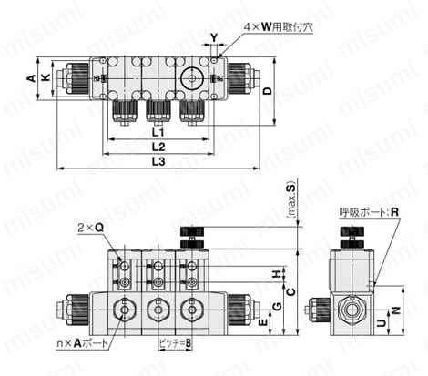 薬液用バルブ エアオペレートタイプ インサートブッシュ式 継手一体型 LVCシリーズ マニホールド・マニホールド用バルブ 外形図2