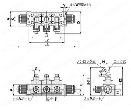 薬液用バルブ 手動タイプ 継手一体型 LVHシリーズ マニホールド・マニホールド用バルブ 外形図1