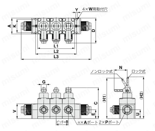 薬液用バルブ 手動タイプ 継手一体型 LVHシリーズ マニホールド・マニホールド用バルブ 外形図2