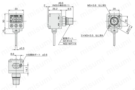 汎用流体用 2色表示式デジタル圧力スイッチ クリーンシリーズ 10-ZSE80/10-ISE80シリーズ 外形図1