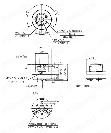 ロータリ駆動形エアチャック 3爪タイプ クリーン・低発塵 11-／22-MHR3シリーズ オートスイッチなし:11-/22-MHR3-10R外形図