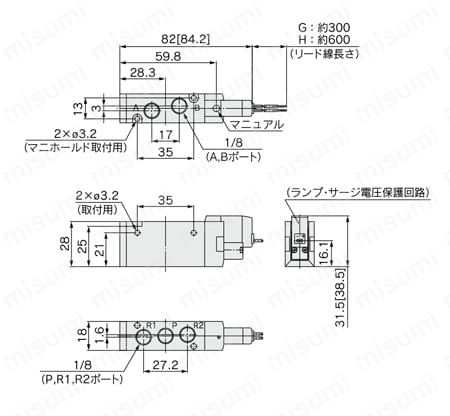 5ポートソレノイドバルブ 弾性体シール クリーンシリーズ 10-SYJ7000シリーズ 外形図