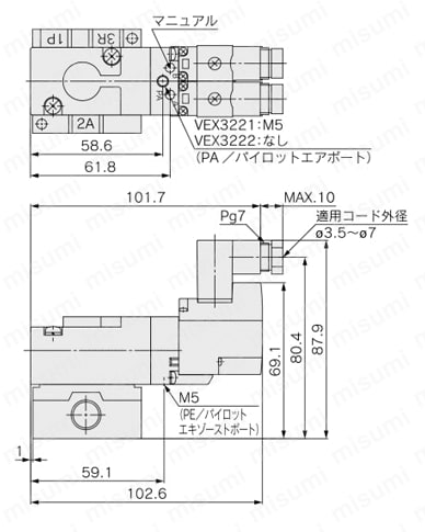 3ポート3ポジションバルブ ベース配管形 VEX3シリーズ 外形図03