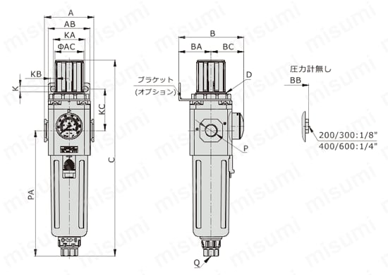 GAシリーズ GAFRシリーズフィルタレギュレータ 外形図