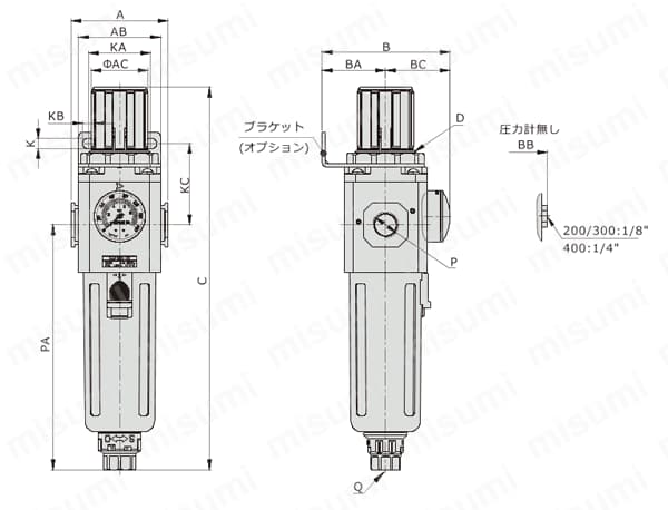 GPFRシリーズ精密フィルタレギュレータ 外形図