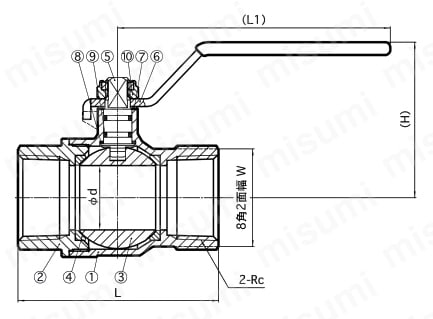 FBT-101型 フルボア相当 レバーハンドル型 黄銅製ボールバルブ（08A～50A） 外形図