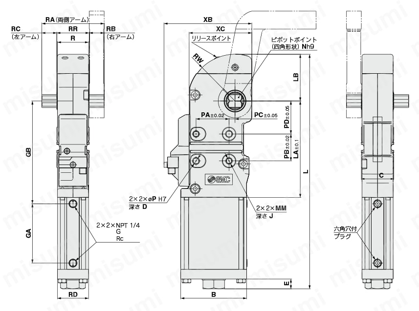 NAAMS規格準拠 パワークランプシリンダ CKZ3N-X2742A・-X2568□ 外形図1