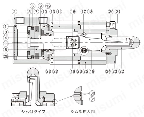 ピンクランプシリンダ AQKシリーズ 内部構造及び材質図