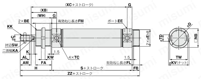 エアシリンダ 標準形 単動・押出し 引込み C75シリーズ 外形図1