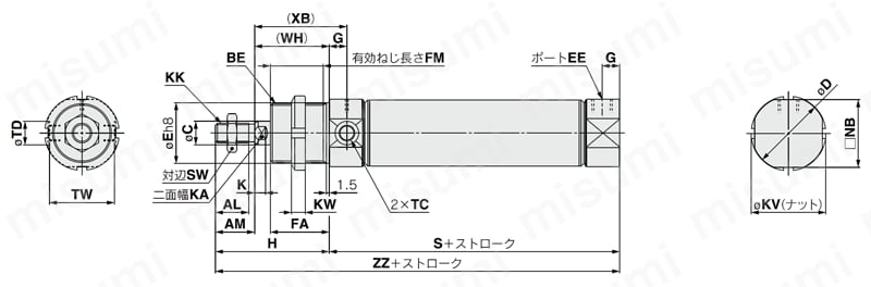 エアシリンダ 標準形 単動・押出し 引込み C75シリーズ 外形図2