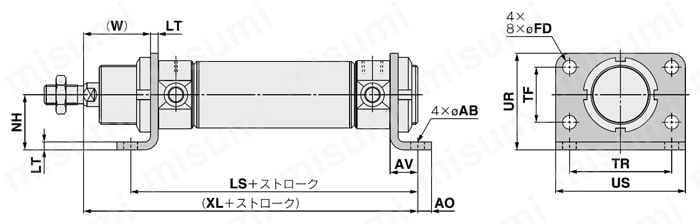 エアシリンダ 標準形 単動・押出し 引込み C75シリーズ 外形図3