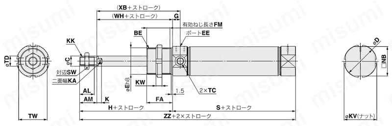 エアシリンダ 標準形 単動・押出し 引込み C75シリーズ 外形図4