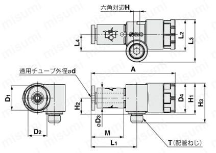 ワンタッチ管継手付スピードコントローラ プッシュロック式 薄形コンパクト エルボタイプ JASシリーズ 外形図01