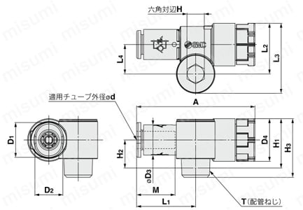 ワンタッチ管継手付スピードコントローラ プッシュロック式 薄形コンパクト エルボタイプ JASシリーズ 外形図02