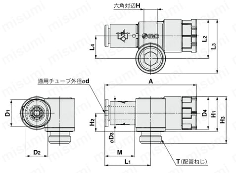 ワンタッチ管継手付スピードコントローラ プッシュロック式 薄形コンパクト エルボタイプ JASシリーズ 外形図03