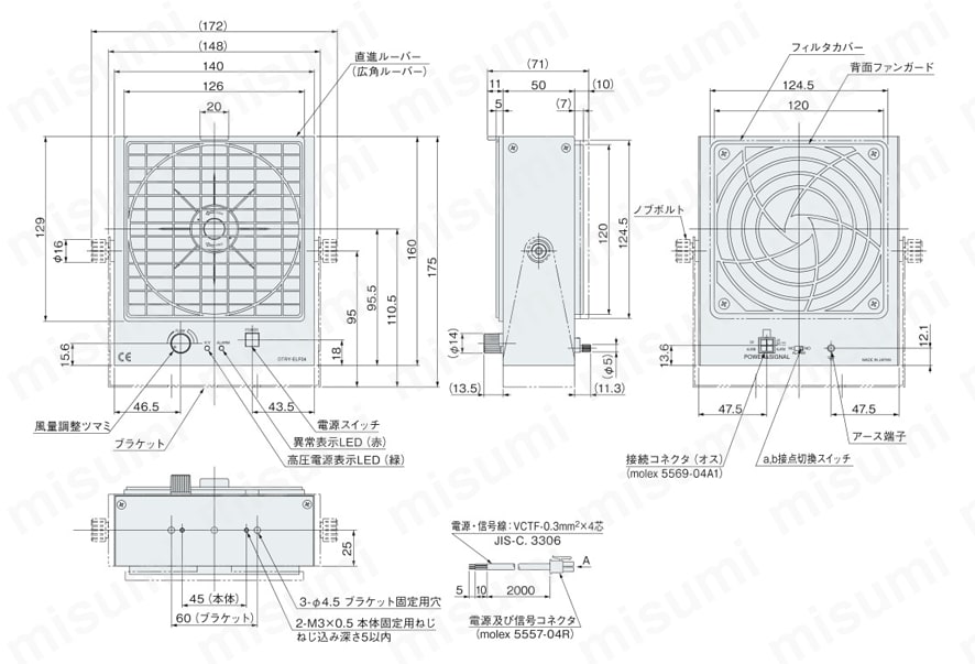 静電気除去ユニットイオナイザー ステデイーフローファンタイプ 外形図3