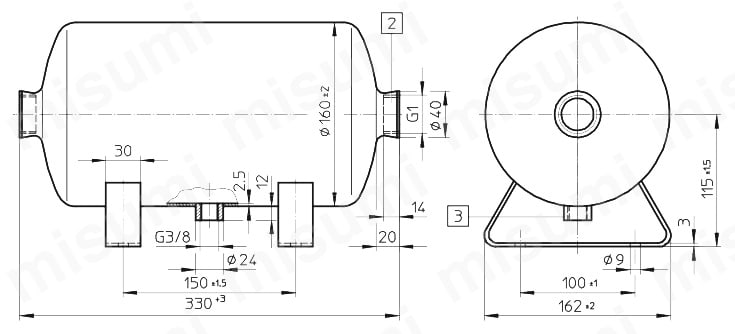 ステンレス製エアタンクCRVZSシリーズ CRVZS-5外形図