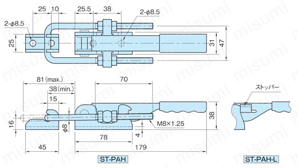 引き型トグルクランプ、引き型トグルクランプ ロック機構付（ST-PAH） 外形図2