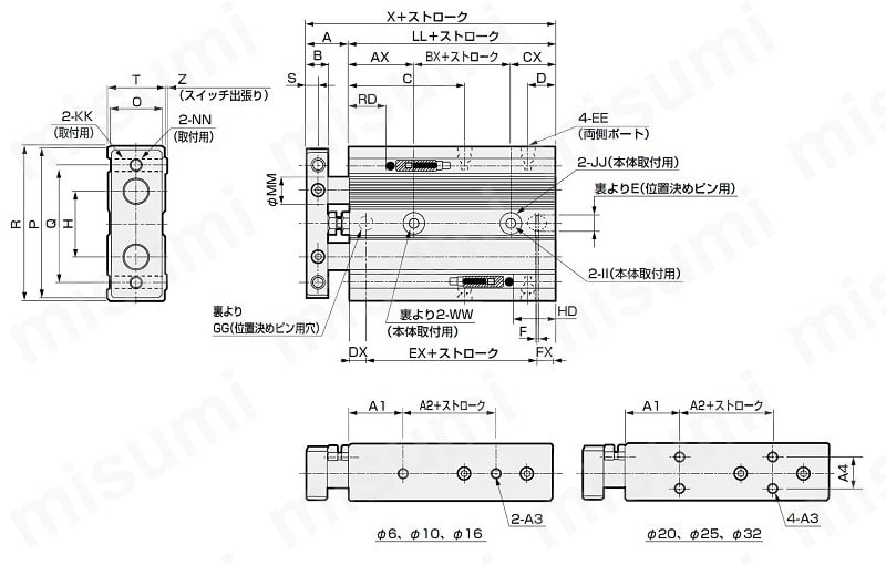 標準形、エンドプレート材質：鋼（F）、配管ポート位置180゜変更（O）外形図