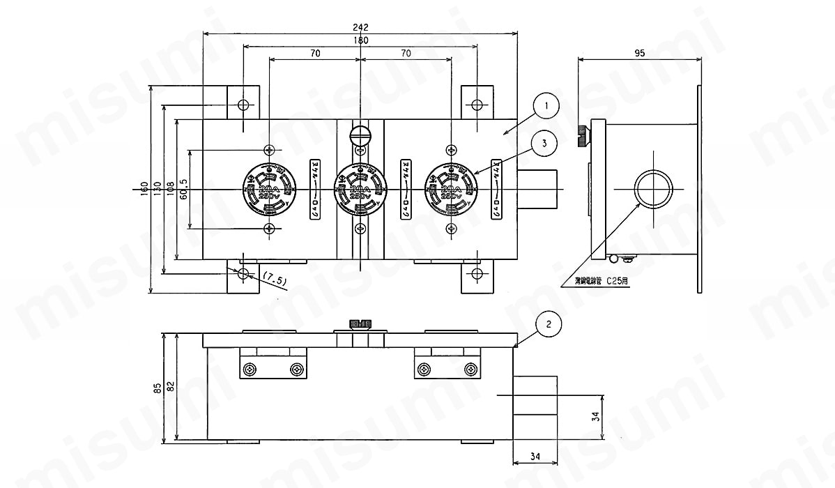 アメリカン電機　接地形3P 20A 250V　分岐ボックス 引掛形3ヶ口　BZ-3 - 7