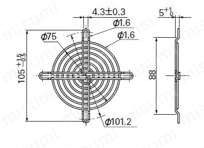 金属製フィンガーガード 外形図 □80mm用