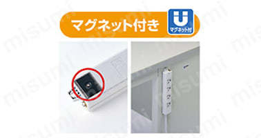 裏面に強力なマグネットが付いているのでスチールデスクのパネルなどに簡単に仮固定ができる（写真は差込口形状が抜け止めタイプを使用）。