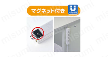 マグネット付き:裏面に強力なマグネットが付いているのでスチールデスクのパネルなどに簡単に仮固定できる。