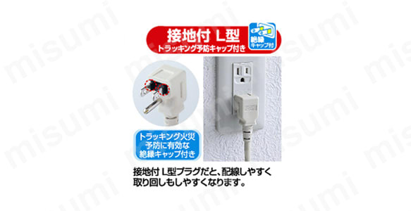 接地付 L型、トラッキング火災予防キャップ付き、配線しやすく取り回しもしやすい。