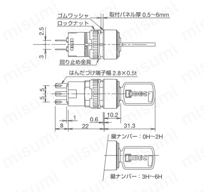 φ16 A6シリーズ鍵付セレクタスイッチ 長角形 ウェーブキータイプ外形図