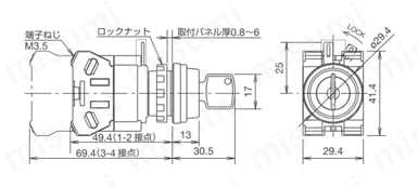 φ22 HWシリーズ 鍵付セレクタスイッチ 鍵付セレクタスイッチ(ディスクタンブラータイプ)外形図