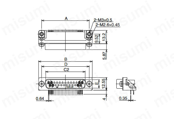 外形図 ※図はRDBD-25P（55）を使用 パネル取付部ねじ:M2.6 × 0.45（ミリねじ） アース金具（基板取付部）:M3 × 0.5