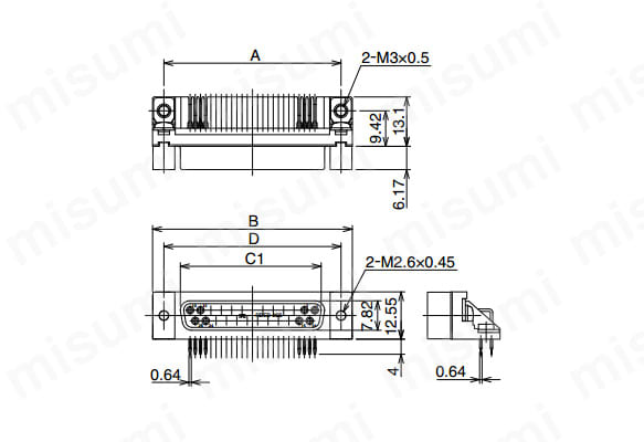 外形図 ※図はRDBD-25S-LN（55）を使用 長方形嵌合ねじ部:M2.6 × 0.45（ミリねじ用） アース金具（基板取付部）:M3 × 0.5