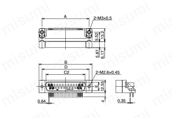 外形図 ※図はRDBD-25P-LN（55）を使用 長方形嵌合ねじ部:M2.6 × 0.45（ミリねじ用） アース金具（基板取付部）:M3 × 0.5