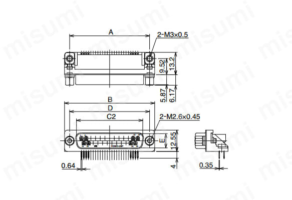 外形図 ※図はRDBD-25P-LNA（55）を使用 六角形嵌合ねじ部:M2.6 × 0.45（ミリねじ用） アース金具（基板取付部）:M3 × 0.5