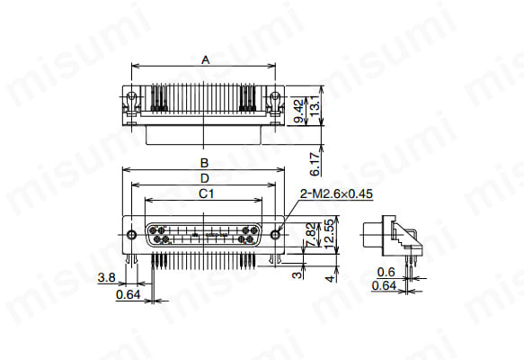 外形図 ※図はRDBD-25SE1/M2.6（55）を使用 六角形嵌合ねじ:なし（専用ロックねじから用途に応じ選択可能） アース金具（基板取付部）:基板仮止め用簡易ロックピン付 適合基板厚:1.6mm 注）HD-LNのネジは使用できません。