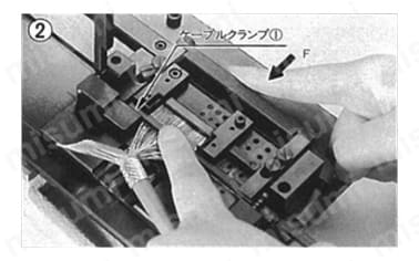 2.1枚目のケーブルをセットする。（ガイドプレートのケーブルクランプ（1）で1枚目のケーブルを固定する）