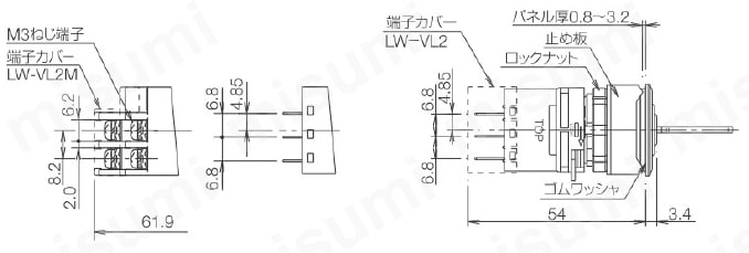 LWシリーズ フラッシュシルエットスイッチ 鍵付セレクタスイッチ 鍵付きセレクタスイッチ外形図